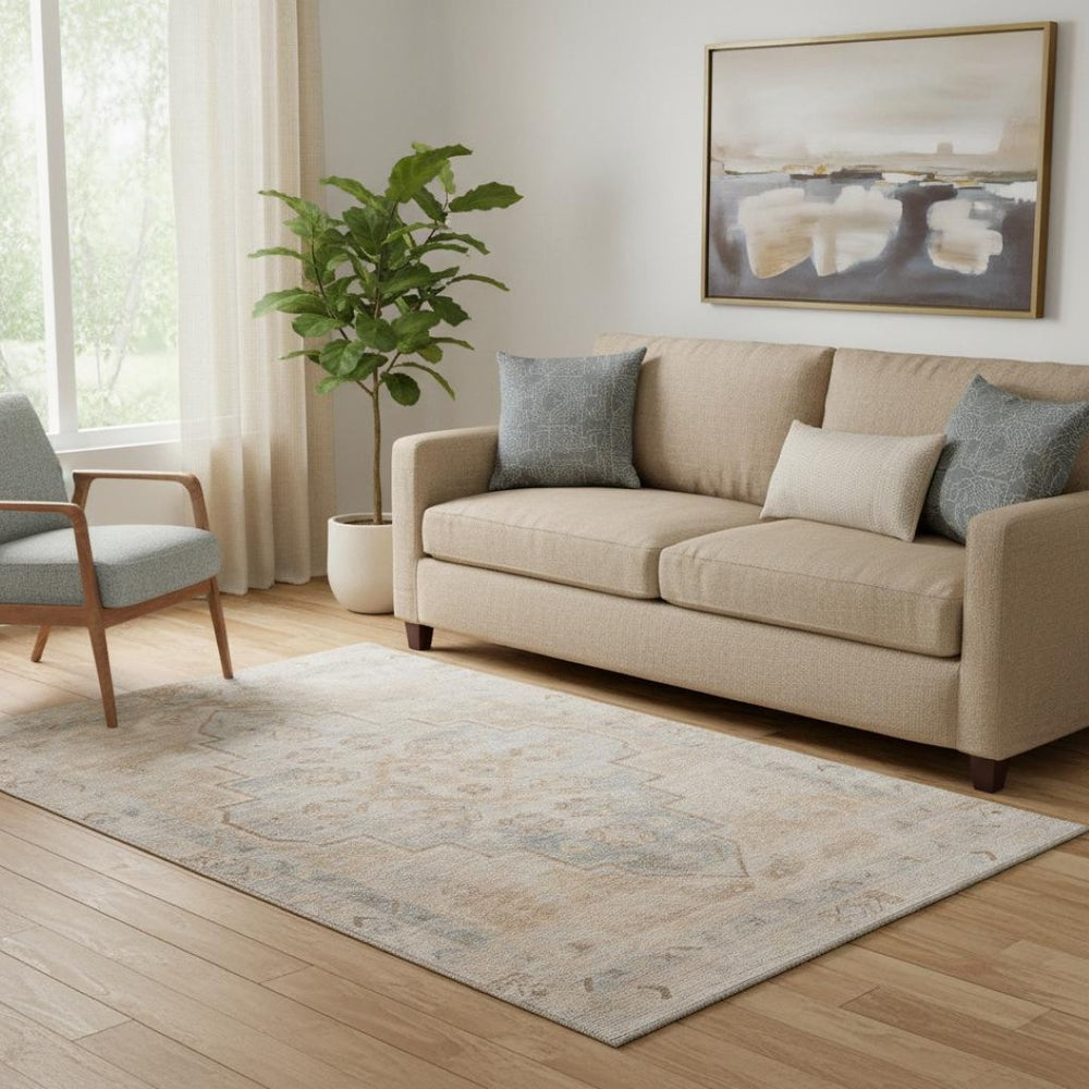 HomeRoots 8' Copper and Gray Washable Medallion Round Rug with UV Protection for Stylish Home Comfort 708052