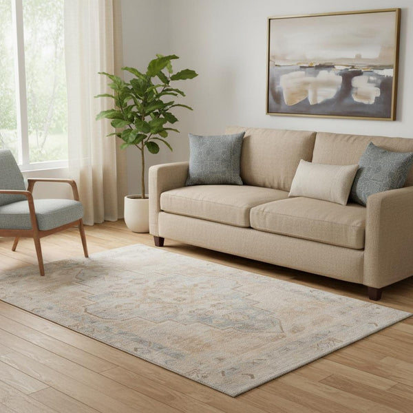 HomeRoots 8' Copper and Gray Washable Medallion Round Rug with UV Protection for Stylish Home Comfort 708052