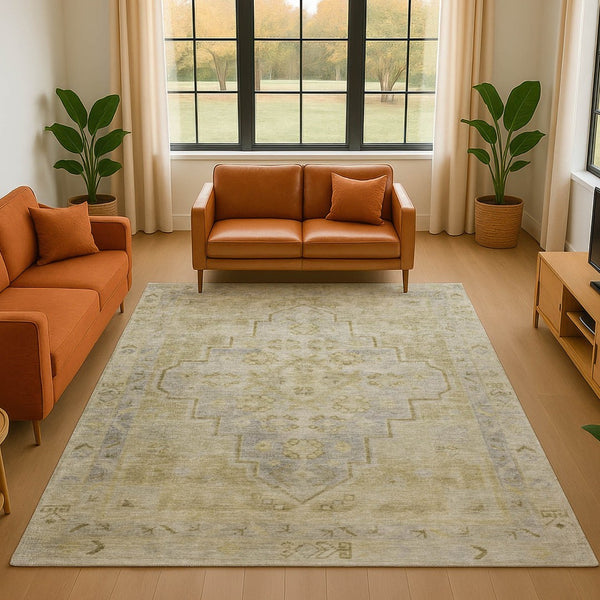 HomeRoots 5' X 8' Gold & Gray Medallion Area Rug - Washable, UV Protected, Stain-Resistant, Durable Design! 708057