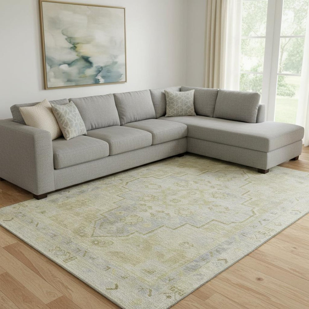 HomeRoots 9' X 12' Gold and Gray Medallion Area Rug - Washable, Stain-Resistant, UV Protected for Durability 708060