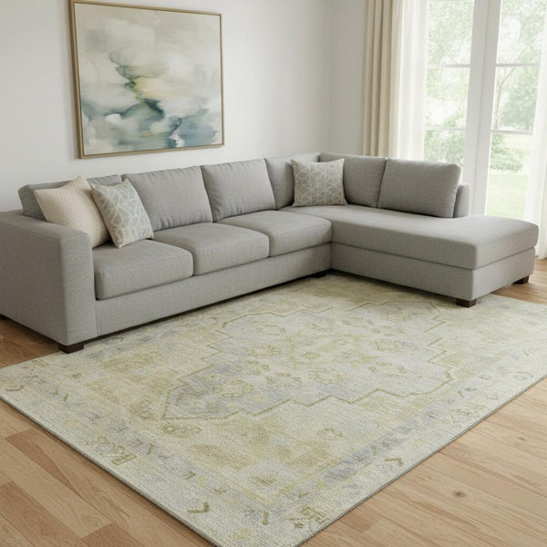 HomeRoots 9' X 12' Gold and Gray Medallion Area Rug - Washable, Stain-Resistant, UV Protected for Durability 708060