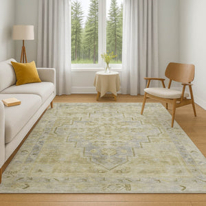 HomeRoots 9' X 12' Gold and Gray Medallion Area Rug - Washable, Stain-Resistant, UV Protected for Durability 708060