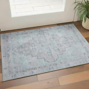 HomeRoots 5' X 8' Gray And Teal Medallion Area Rug with Washable Design, UV Protection, Stain Resistance & Softness 708063