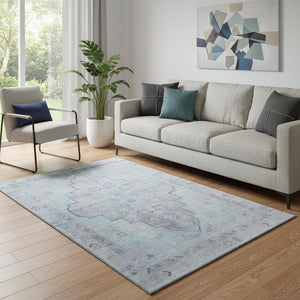 HomeRoots 8' Gray and Teal Medallion Washable Round Rug – Durable, Stylish, UV-Protected for Homes with Kids & Pets 708064