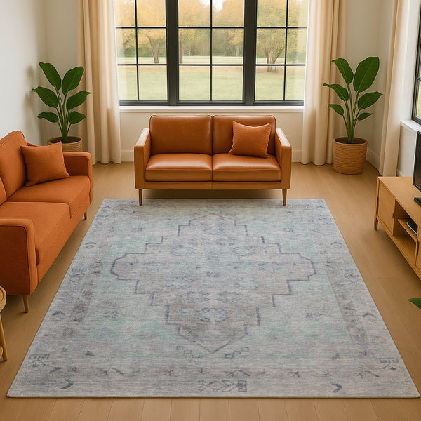 HomeRoots 8' Gray and Teal Medallion Washable Round Rug – Durable, Stylish, UV-Protected for Homes with Kids & Pets 708064