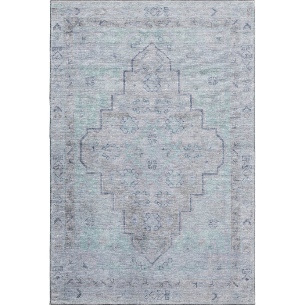 HomeRoots 8' Gray and Teal Medallion Washable Round Rug – Durable, Stylish, UV-Protected for Homes with Kids & Pets 708064