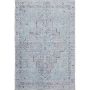 HomeRoots 8' Gray and Teal Medallion Washable Round Rug – Durable, Stylish, UV-Protected for Homes with Kids & Pets 708064
