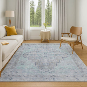 HomeRoots 8' Gray and Teal Medallion Washable Round Rug – Durable, Stylish, UV-Protected for Homes with Kids & Pets 708064