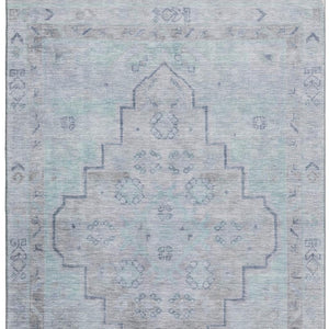 HomeRoots 8' Gray and Teal Medallion Washable Round Rug – Durable, Stylish, UV-Protected for Homes with Kids & Pets 708064