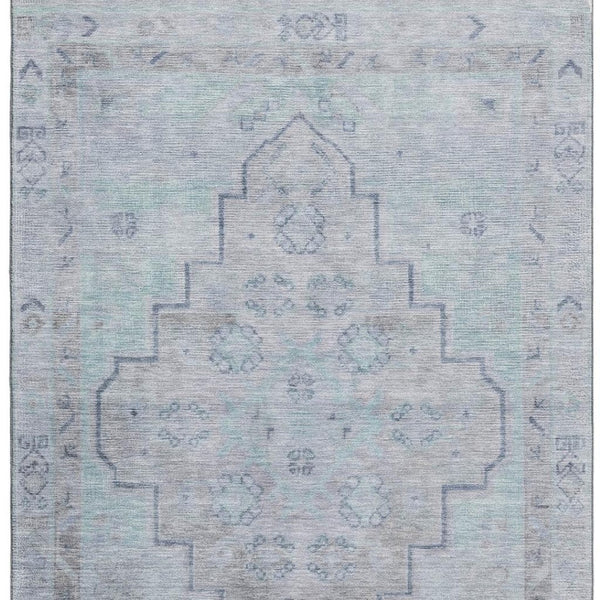 HomeRoots 8' Gray and Teal Medallion Washable Round Rug – Durable, Stylish, UV-Protected for Homes with Kids & Pets 708064