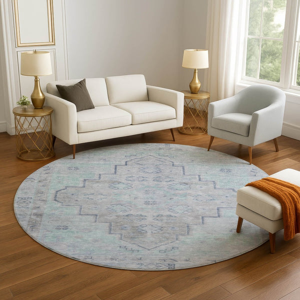 HomeRoots 8' X 10' Gray and Teal Medallion Area Rug - Washable, UV Protected, Stain-Resistant for Easy Care! 708065
