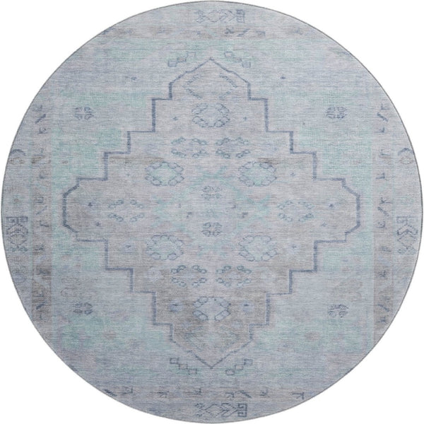 HomeRoots 8' X 10' Gray and Teal Medallion Area Rug - Washable, UV Protected, Stain-Resistant for Easy Care! 708065
