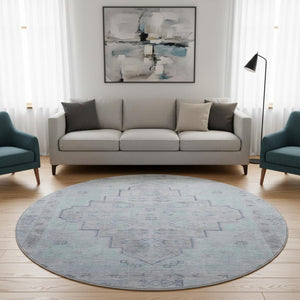 HomeRoots 8' X 10' Gray and Teal Medallion Area Rug - Washable, UV Protected, Stain-Resistant for Easy Care! 708065