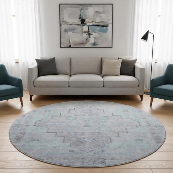 HomeRoots 8' X 10' Gray and Teal Medallion Area Rug - Washable, UV Protected, Stain-Resistant for Easy Care! 708065