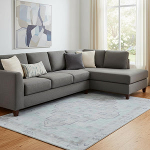 HomeRoots 9' Gray and Teal Medallion Area Rug - Washable, Stain Resistant, UV Protected for High-Traffic Spaces 708066