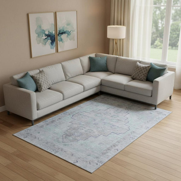 HomeRoots 10' X 14' Gray and Teal Medallion Washable Area Rug - Durable, UV-Protected, Ideal for Active Homes 708067
