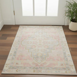 HomeRoots 5' X 8' Pink and Gray Medallion Area Rug – Washable, UV-Protected, Stain-Resistant, Non-Slip Design 708069