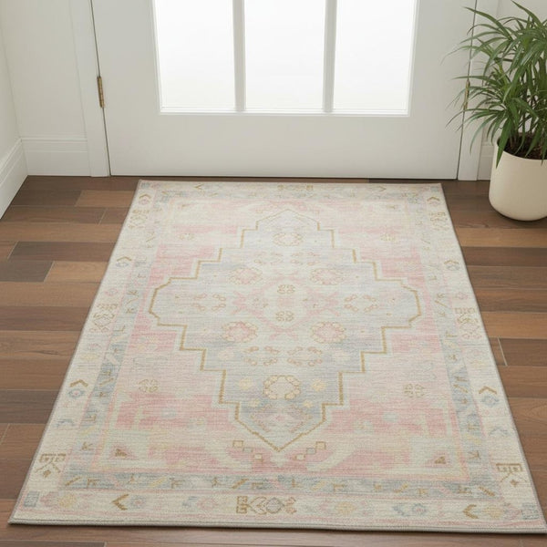 HomeRoots 5' X 8' Pink and Gray Medallion Area Rug – Washable, UV-Protected, Stain-Resistant, Non-Slip Design 708069