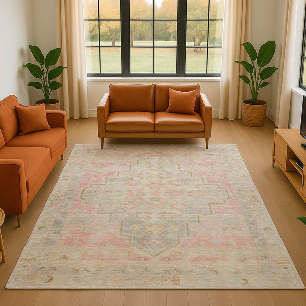 HomeRoots 5' X 8' Pink and Gray Medallion Area Rug – Washable, UV-Protected, Stain-Resistant, Non-Slip Design 708069