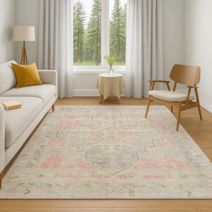 HomeRoots 5' X 8' Pink and Gray Medallion Area Rug – Washable, UV-Protected, Stain-Resistant, Non-Slip Design 708069