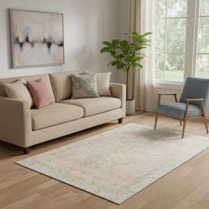 HomeRoots 8' Pink and Gray Medallion Washable Round Rug - Durable, Stain Resistant, UV Protected for Any Room 708070