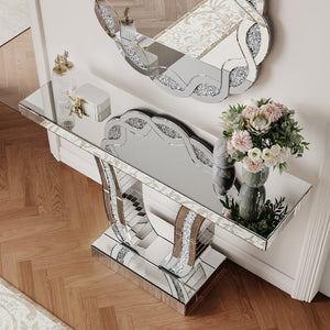 English Elm 43 Inch Mirrored Console Glam Sofa Table with Crystal Stone Inlaid Curved Legs W1445P370475
