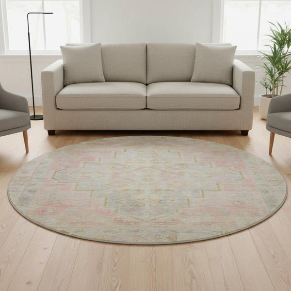 HomeRoots 8' X 10' Pink And Gray Medallion Area Rug - Washable, Stain-Resistant, UV Protected for Style & Comfort 708071