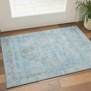HomeRoots 5' X 8' Sky Blue & Gray Medallion Area Rug - Durable, Washable, Stain-Resistant & UV Protected 708075