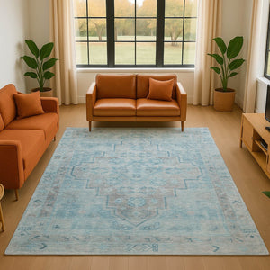 HomeRoots 5' X 8' Sky Blue & Gray Medallion Area Rug - Durable, Washable, Stain-Resistant & UV Protected 708075