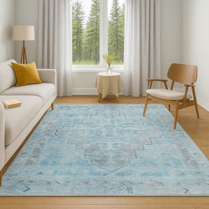 HomeRoots 5' X 8' Sky Blue & Gray Medallion Area Rug - Durable, Washable, Stain-Resistant & UV Protected 708075
