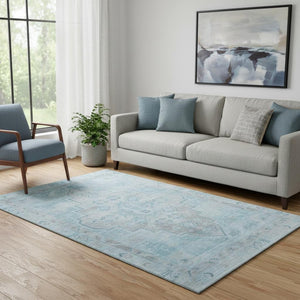 HomeRoots 8' Sky Blue & Gray Medallion Washable Round Rug with UV Protection, Perfect for Pets & Kids' Spaces! 708076
