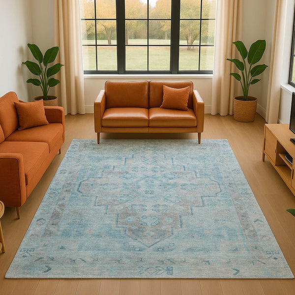 HomeRoots 8' Sky Blue & Gray Medallion Washable Round Rug with UV Protection, Perfect for Pets & Kids' Spaces! 708076