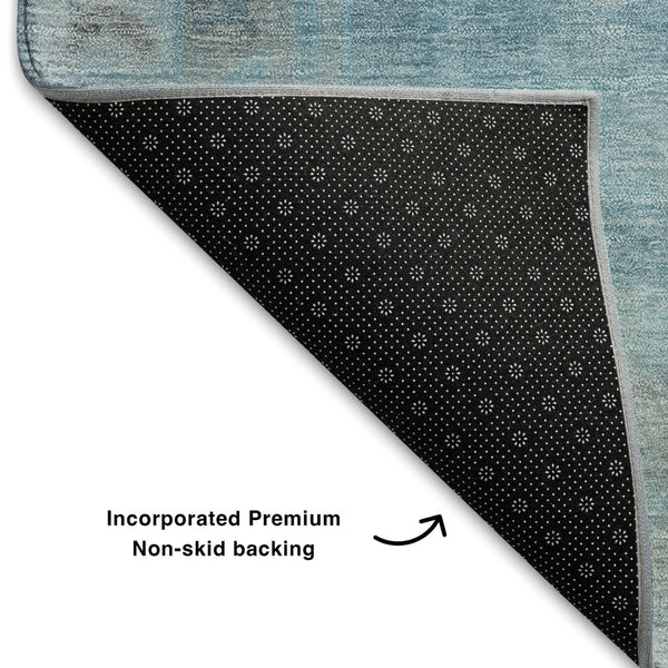 HomeRoots 8' Sky Blue & Gray Medallion Washable Round Rug with UV Protection, Perfect for Pets & Kids' Spaces! 708076