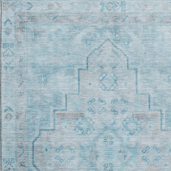 HomeRoots 8' Sky Blue & Gray Medallion Washable Round Rug with UV Protection, Perfect for Pets & Kids' Spaces! 708076
