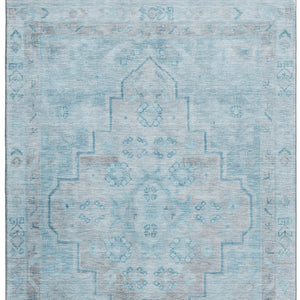 HomeRoots 8' Sky Blue & Gray Medallion Washable Round Rug with UV Protection, Perfect for Pets & Kids' Spaces! 708076
