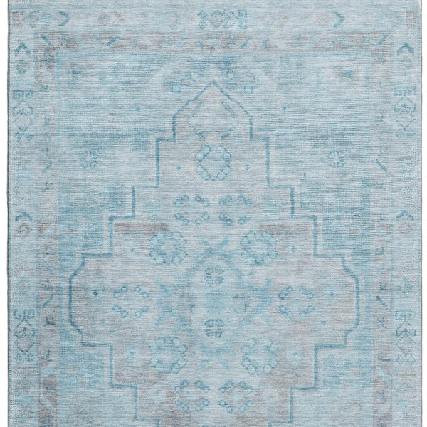 HomeRoots 8' Sky Blue & Gray Medallion Washable Round Rug with UV Protection, Perfect for Pets & Kids' Spaces! 708076