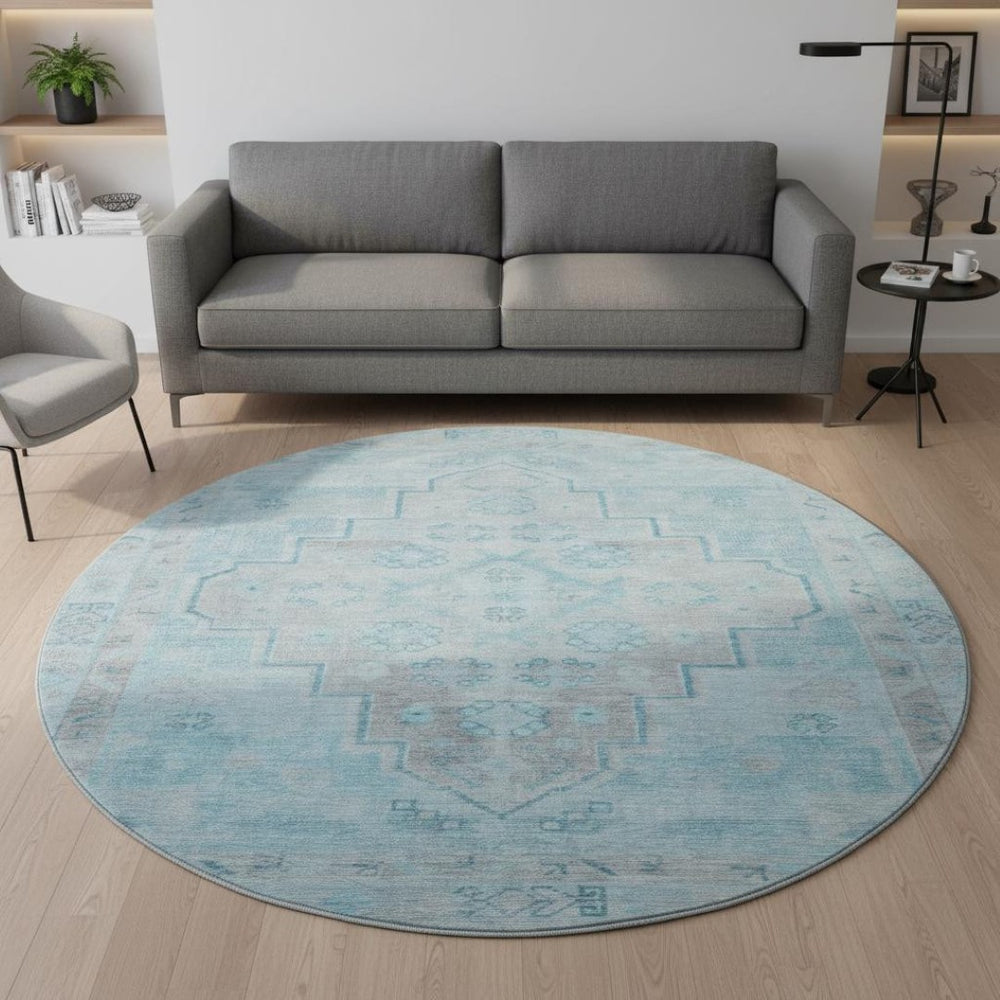 HomeRoots 8' X 10' Sky Blue & Gray Medallion Area Rug – Washable, UV-Protected, Durable for Homes with Kids & Pets 708077