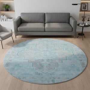 HomeRoots 8' X 10' Sky Blue & Gray Medallion Area Rug – Washable, UV-Protected, Durable for Homes with Kids & Pets 708077