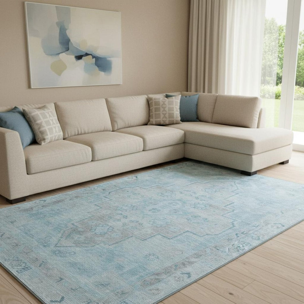HomeRoots 9' X 12' Sky Blue & Gray Medallion Area Rug - Washable, Durable, UV Protected for Stylish Comfort 708078