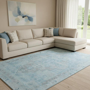 HomeRoots 9' X 12' Sky Blue & Gray Medallion Area Rug - Washable, Durable, UV Protected for Stylish Comfort 708078