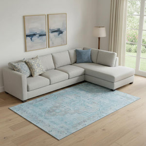 HomeRoots 10' Sky Blue & Gray Medallion Washable Area Rug - Durable, Stain Resistant, UV Protected & Stylish! 708079
