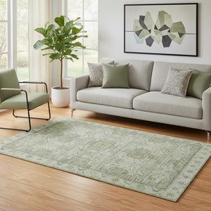 HomeRoots 8' Modern Artichoke Green and Gray Geometric Washable Round Rug with UV Protection for Durability 708082