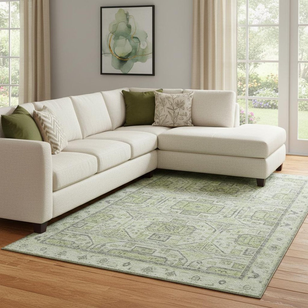 HomeRoots 9' X 12' Modern Artichoke Green Geometric Area Rug - Washable, Stain Resistant & UV Protected Design 708084