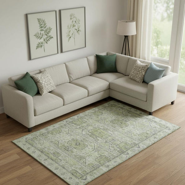 HomeRoots 10' X 14' Artichoke Green & Gray Geometric Area Rug - Washable, UV-Protected, Durable for Busy Homes 708085