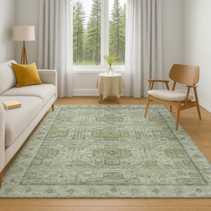 HomeRoots 10' X 14' Artichoke Green & Gray Geometric Area Rug - Washable, UV-Protected, Durable for Busy Homes 708085