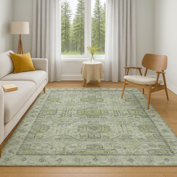 HomeRoots 10' X 14' Artichoke Green & Gray Geometric Area Rug - Washable, UV-Protected, Durable for Busy Homes 708085