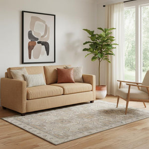 HomeRoots 8' Modern Beige and Gray Geometric Round Rug - Washable, UV-Protected, Stain-Resistant Design 708088