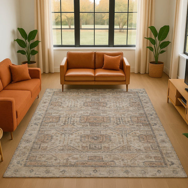 HomeRoots 8' Modern Beige and Gray Geometric Round Rug - Washable, UV-Protected, Stain-Resistant Design 708088