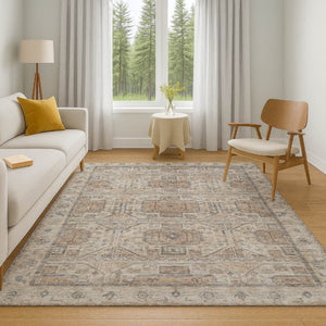 HomeRoots 8' Modern Beige and Gray Geometric Round Rug - Washable, UV-Protected, Stain-Resistant Design 708088