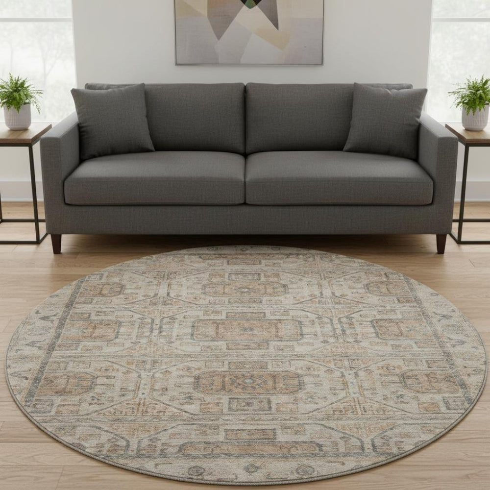 HomeRoots 8' X 10' Beige, Coffee & Gray Geometric Area Rug - Washable, UV-Protected, Durable for High-Traffic Spaces 708089